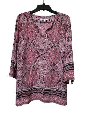 Violet & Claire Pinks & Black Geometric Print 3/4 Sleeves Tunic Top Size 1X